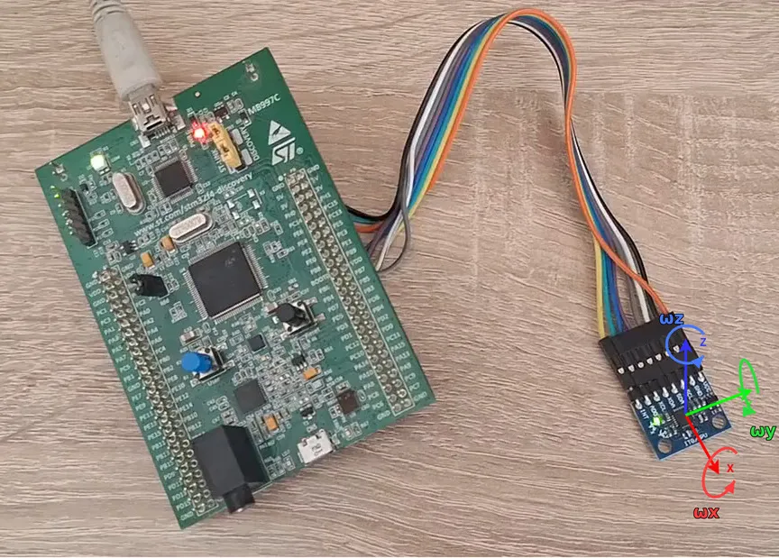STM32F4 Discovery board wired to a GY-521 MPU-6050 module, with curved arrows marking rotation about each of the sensor X, Y and Z axes