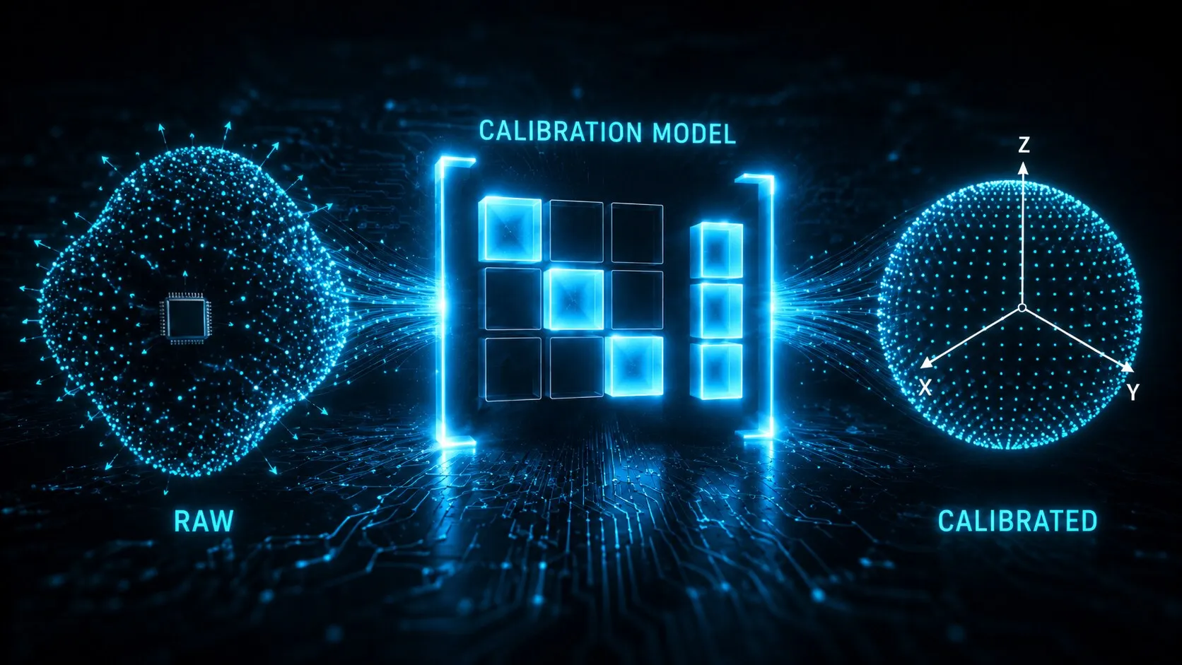 Uncalibrated accelerometer readings as a distorted point cloud, passed through a diagonal calibration model, emerging as a uniform sphere of gravity vectors