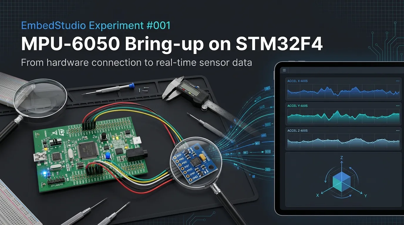 EmbedStudio Experiment #001 — MPU-6050 Bring-up on STM32F4: an STM32F4 Discovery board wired to a GY-521 MPU-6050 module, alongside live accelerometer plots