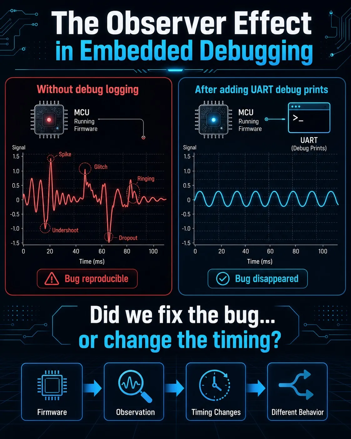 The Observer Effect in Embedded Debugging: side-by-side signal plots of the same firmware — without debug logging the trace shows spikes, undershoot, ringing and a dropout and the bug is reproducible; after adding UART debug prints the trace is a clean sine wave and the bug disappeared. Did we fix the bug, or change the timing?