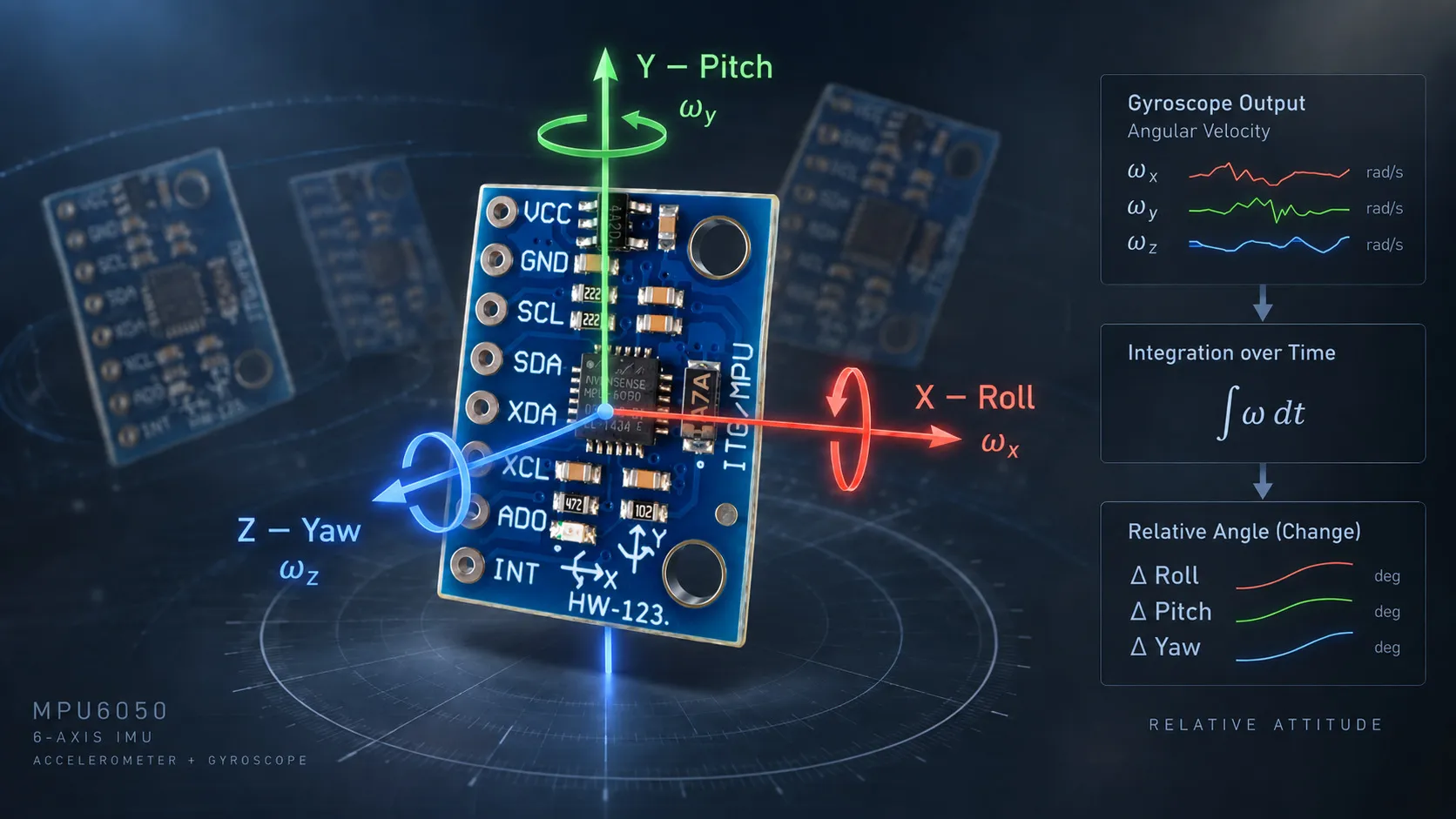 A GY-521 MPU-6050 module tilted in space with a red roll arrow along its X axis, a green pitch arrow along Y and a blue yaw arrow along Z, each wrapped in a curved rotation arrow, beside three cards reading gyroscope output as angular velocity, integration over time, and relative change in roll, pitch and yaw