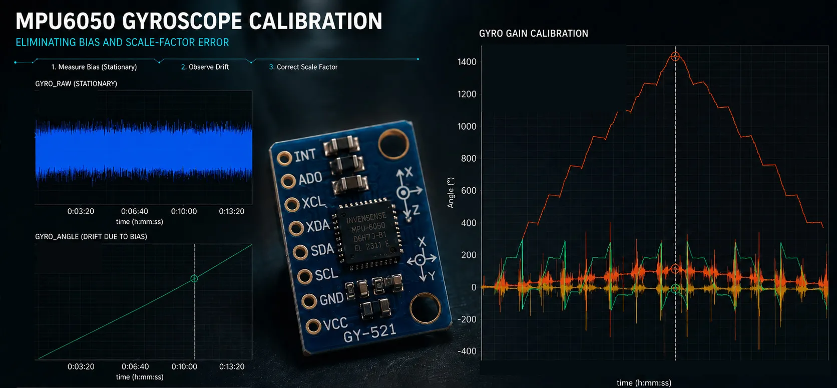 A dark title card with the sensor module in three-quarter view between three measurement plots — a stationary rate trace and the heading it drifts into on the left, and the 1438° turn out and back on the right