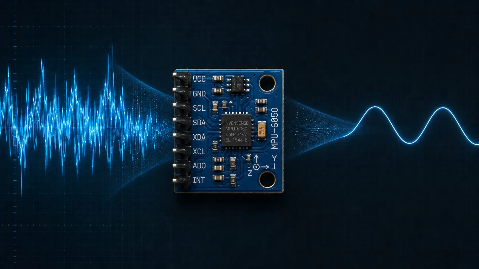 A GY-521 MPU-6050 module on a dark grid, a jagged noisy waveform entering it from the left and a smooth clean wave leaving to the right