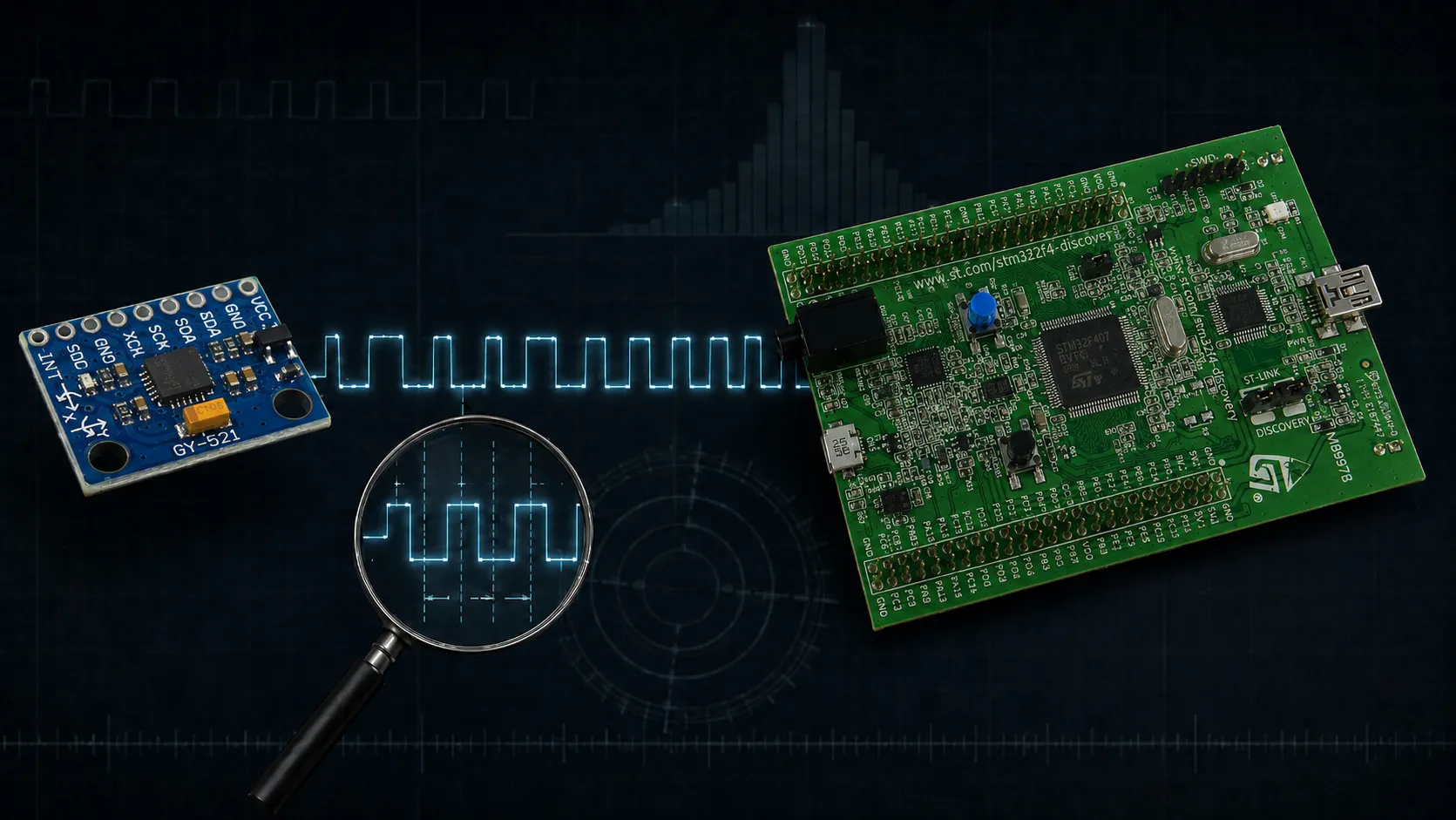 A GY-521 sensor module and an STM32F4 Discovery board on a dark grid, linked by a glowing pulse train, with a magnifier enlarging a few of the pulses and dimension arrows marking the interval between them