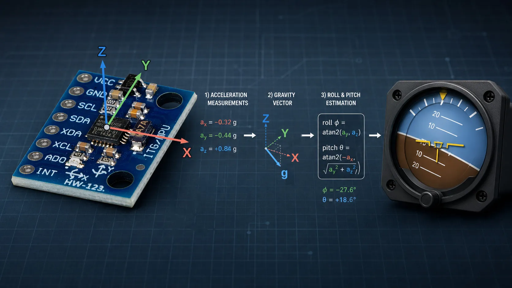 A GY-521 module with the MPU-6050's X, Y and Z axes drawn on the sensor itself, its three acceleration readings beside it, the gravity vector they add up to, the roll and pitch equations, and an aircraft attitude indicator